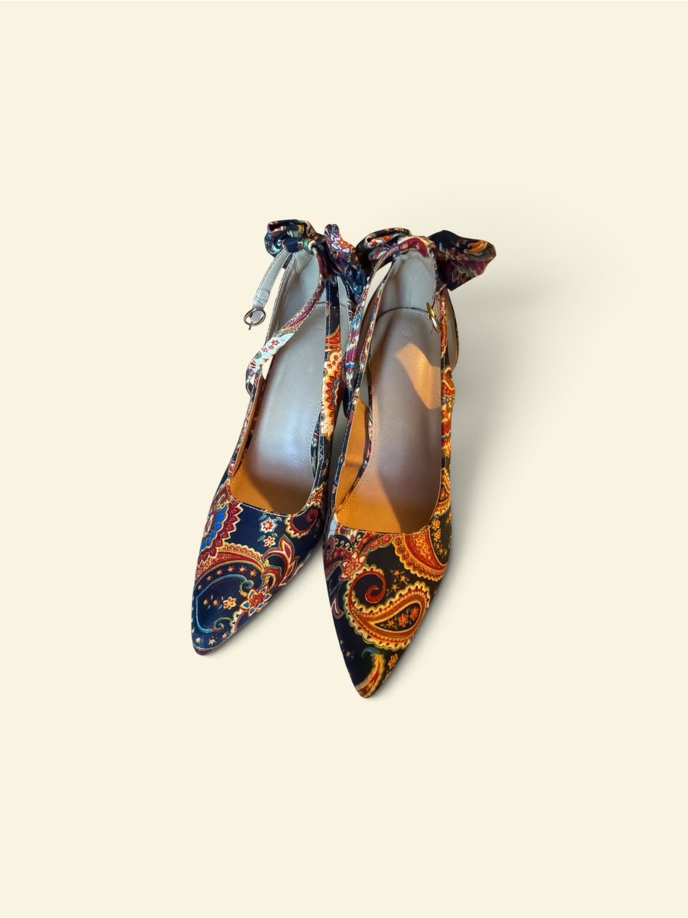 ZBY Paisley Print Ankle Strap Bow Stiletto Heels-Women’s Size 9